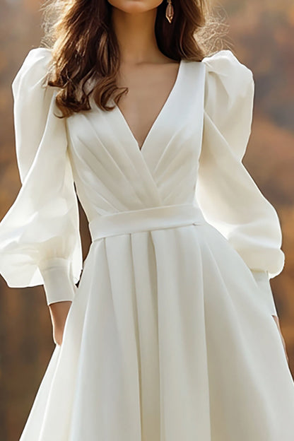A Line V Neck Ivory Long Sleeve Wedding Dress