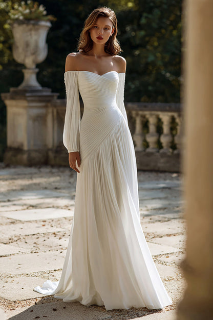 Ivory Chiffon Off the Shoulder Pleated Sweep Train Wedding Dress with Sleeves