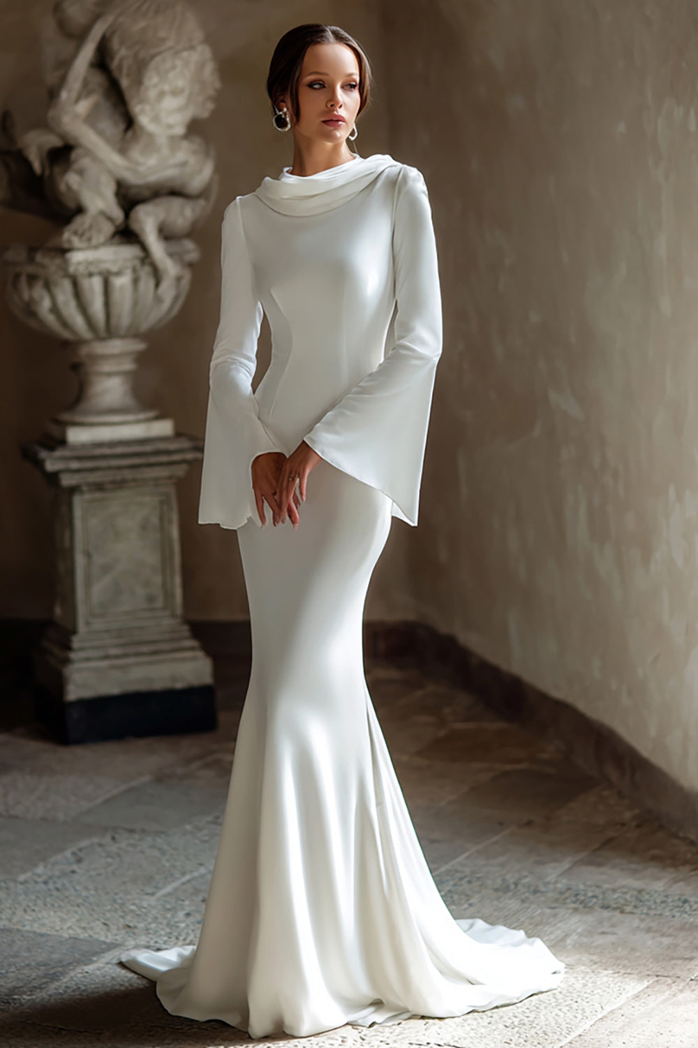 Ivory Mermaid Cowl Neck Long Wedding Dress