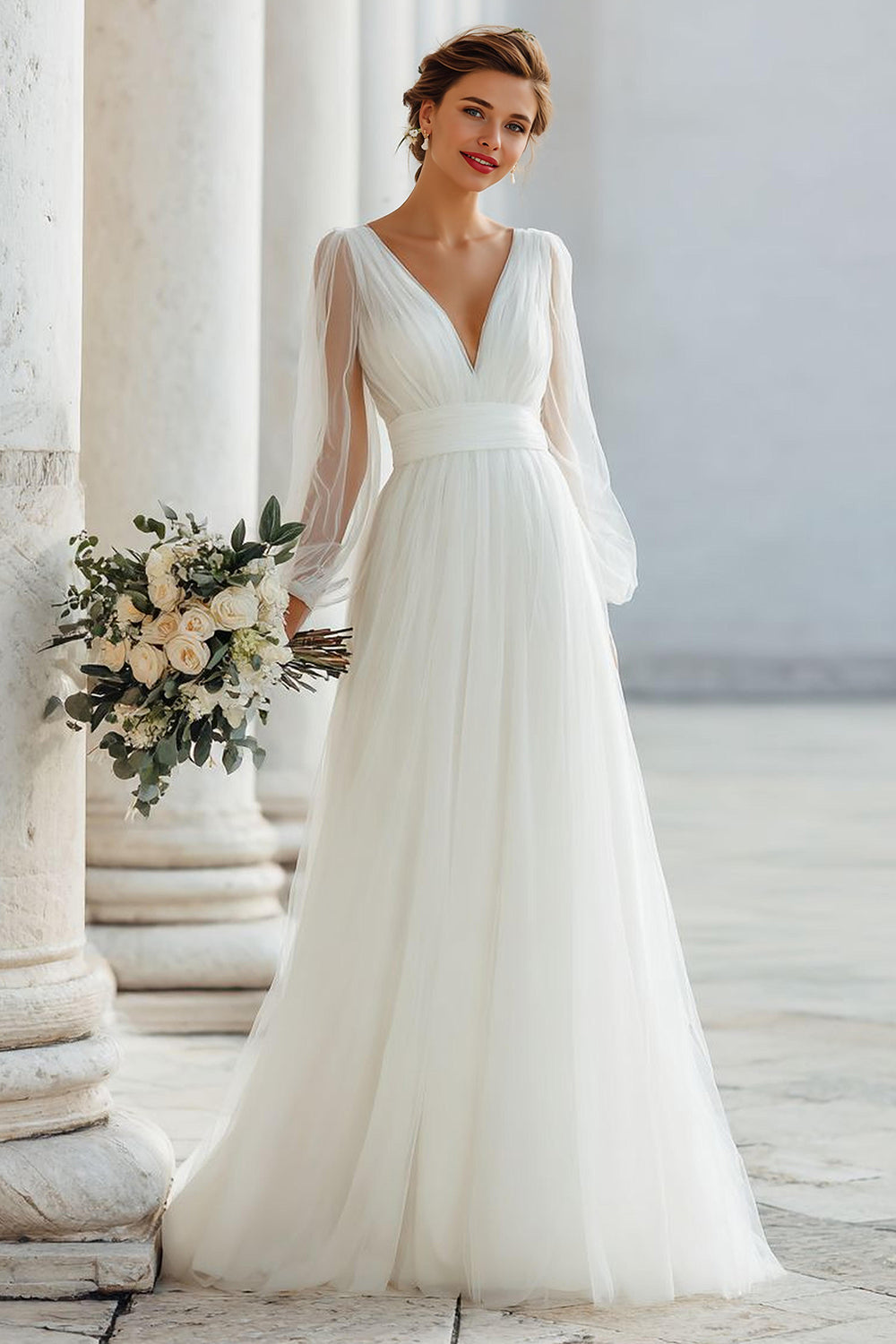 White Tulle A Line V-Neck Floor-Length Wedding Dress with Sleeves