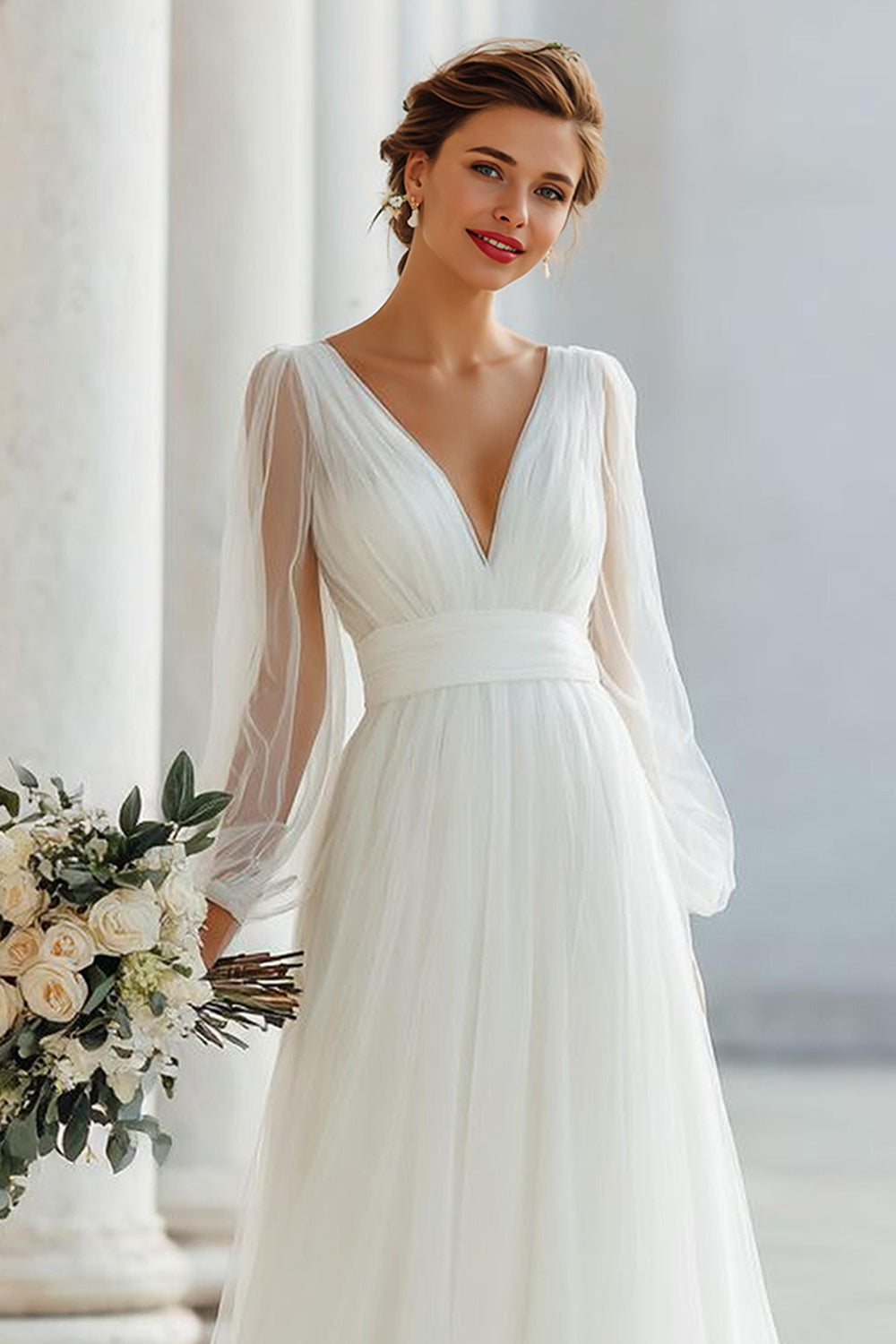White Tulle A Line V-Neck Floor-Length Wedding Dress with Sleeves