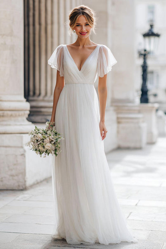 Ivory V-Neck Tulle A Line Floor-Length Wedding Dress with Sleeves