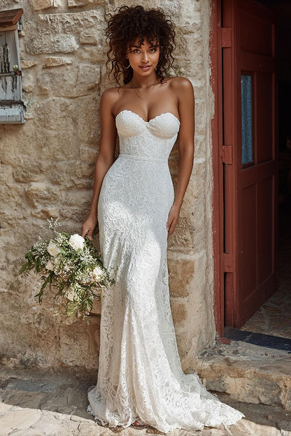 Ivory Mermaid Lace Sweetheart Sweep Train Wedding Dress