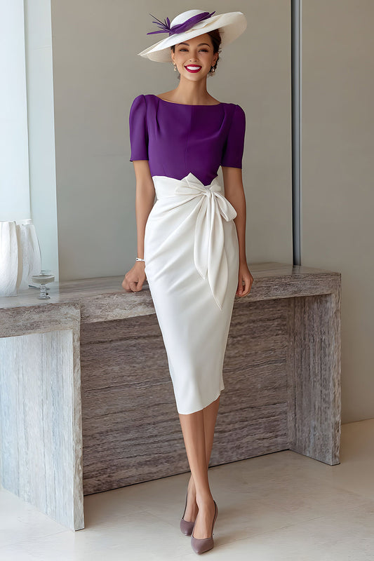 Grape Pencil Boat Neck Midi Mother of the Bride Dress with Bow