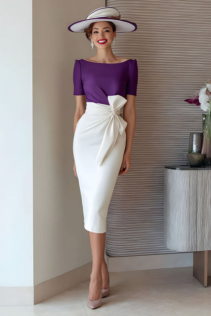 Grape Pencil Boat Neck Midi Mother of the Bride Dress with Bow