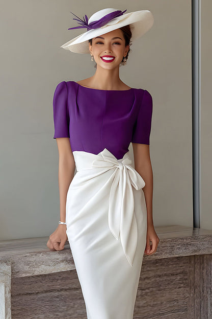Grape Pencil Boat Neck Midi Mother of the Bride Dress with Bow