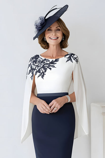 Navy White Sheath Round Neck Midi Mother of the Bride Dress with Cape