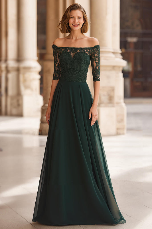 Pine Green Off the Shoulder Chiffon A-Line Long Mother of the Bride Dress with Lace