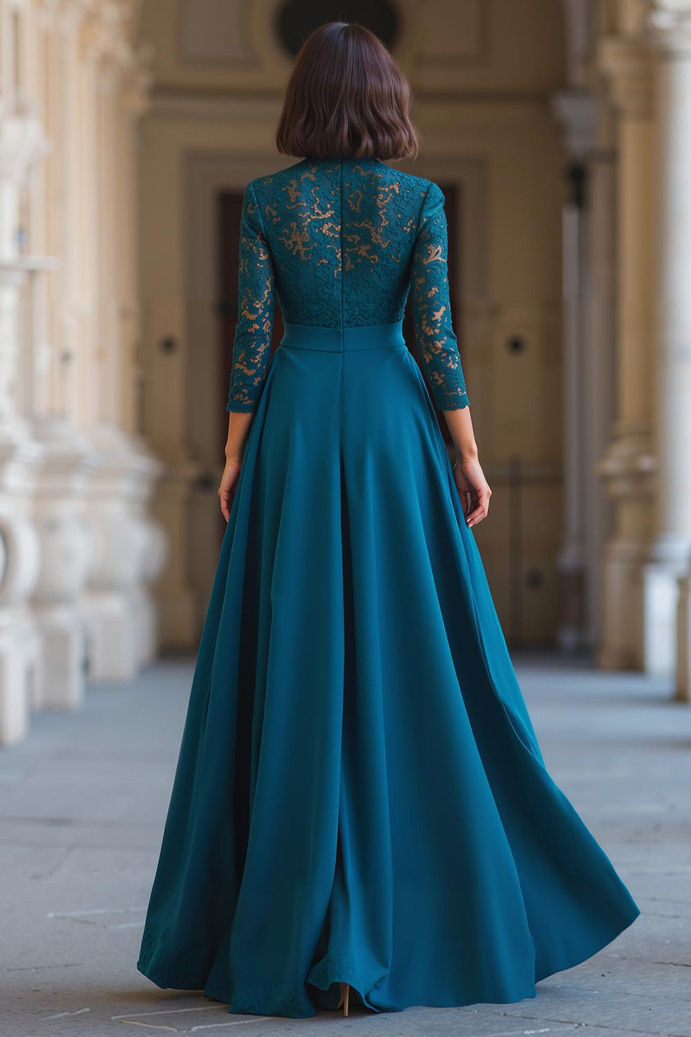 Peacock Blue High Neck Chiffon A-Line Long Mother of the Bride Dress with Lace