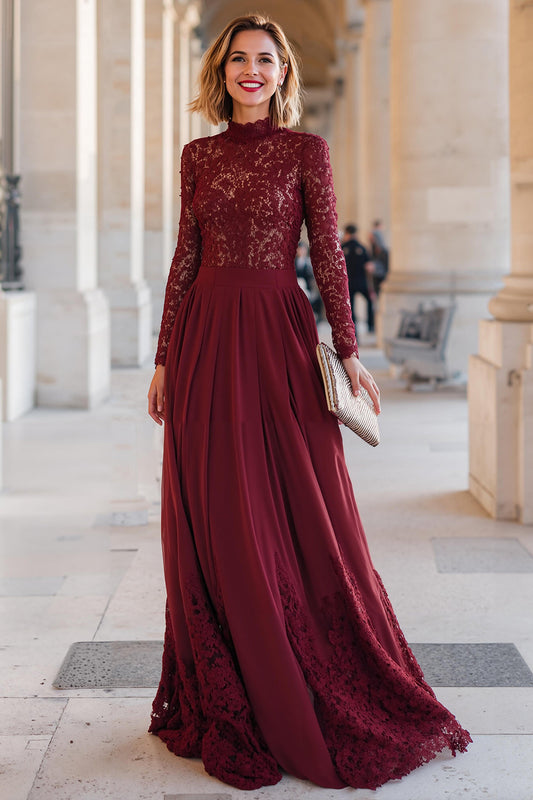 Burgundy High Neck Chiffon A-Line Long Mother of the Bride Dress with Lace