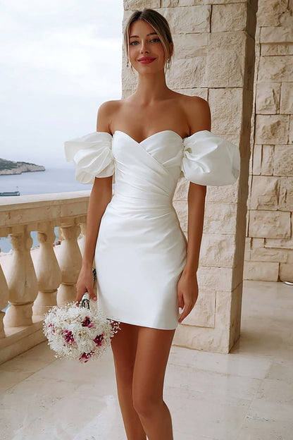 Ivory Bodycon Off the Shoulder Satin Short Bridal Shower Dress