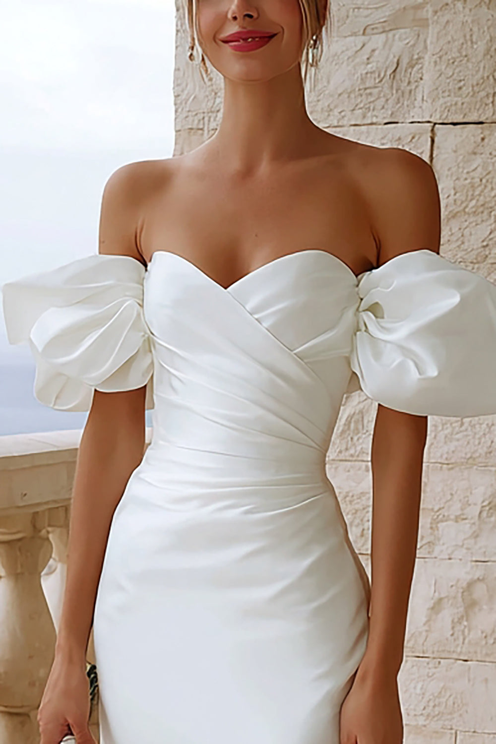 Ivory Bodycon Off the Shoulder Satin Short Bridal Shower Dress