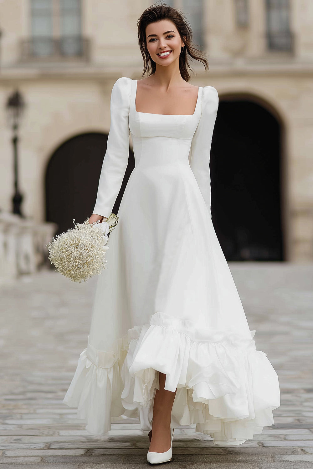 Ivory Satin A Line Ruffled Maxi Engagement Dress with Sleeves