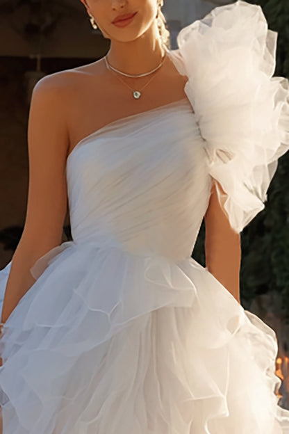 Ivory One Shoulder Tulle Ruffled A-Line Short Bachelorette Dress