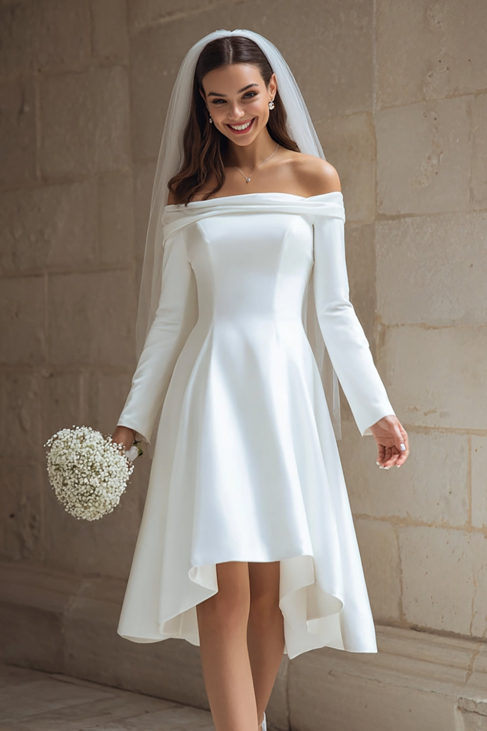 Ivory A Line Off the Shoulder Satin High Low Wedding Dress with Sleeves