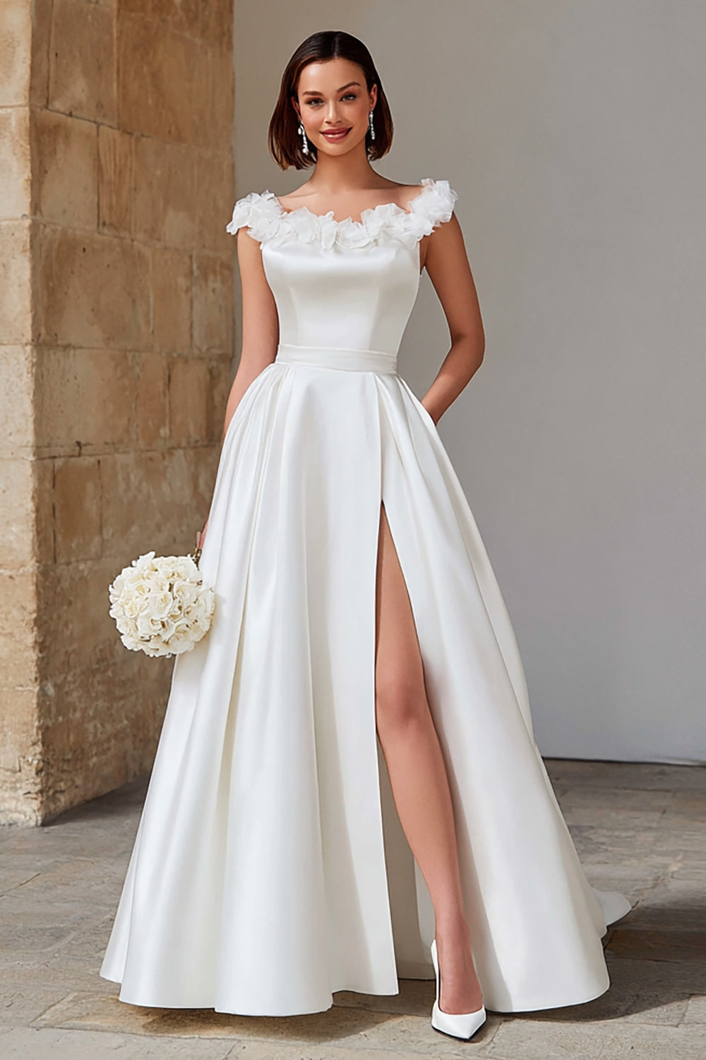 Ivory Satin Princess Boat Neck Wedding Dress with Slit