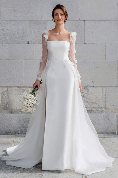 Ivory Square Neck Long Sleeves Sweep Train Wedding Dress with Appliques