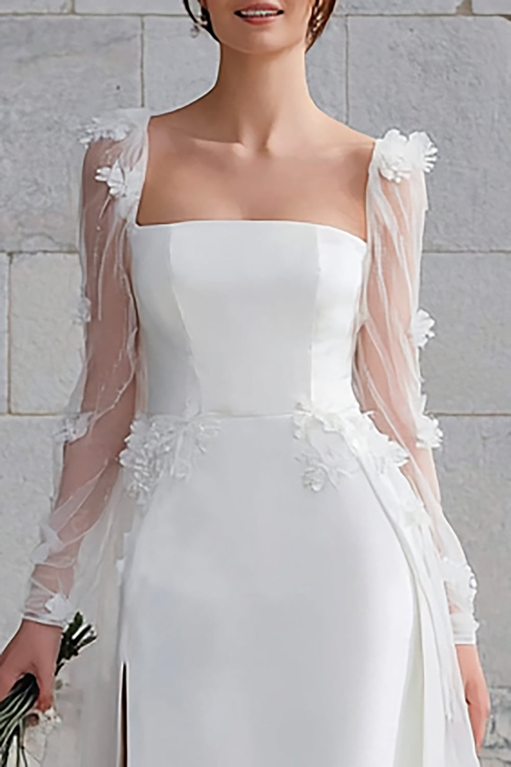 Ivory Square Neck Long Sleeves Sweep Train Wedding Dress with Appliques