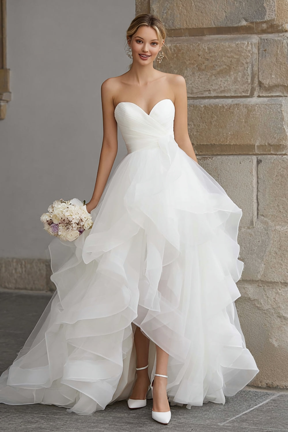 Ivory Sweetheart Organza A-Line Ruffled Sweep Train Wedding Dress