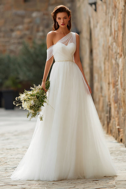 Ivory One Shoulder Tulle A-Line Floor Length Wedding Dress