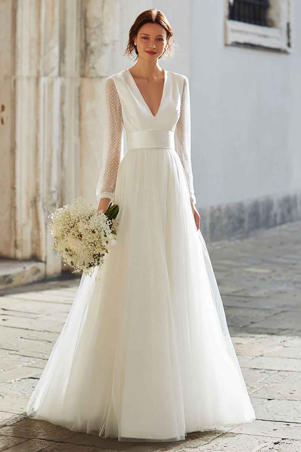 Ivory Tulle V-Neck A-Line Floor Length Wedding Dress with Sleeves