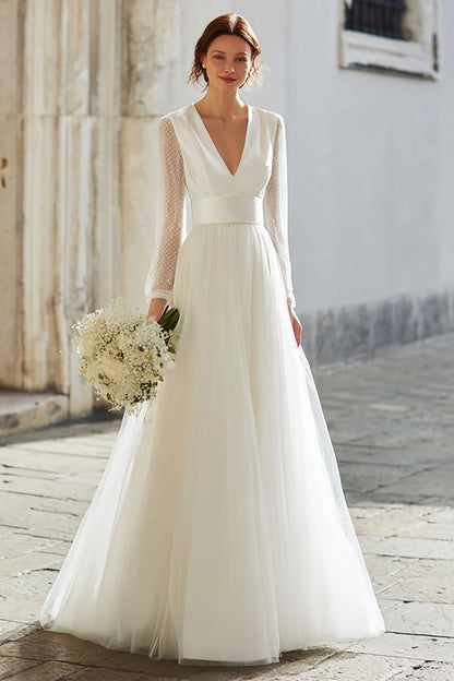 Ivory Tulle V-Neck A-Line Floor Length Wedding Dress with Sleeves