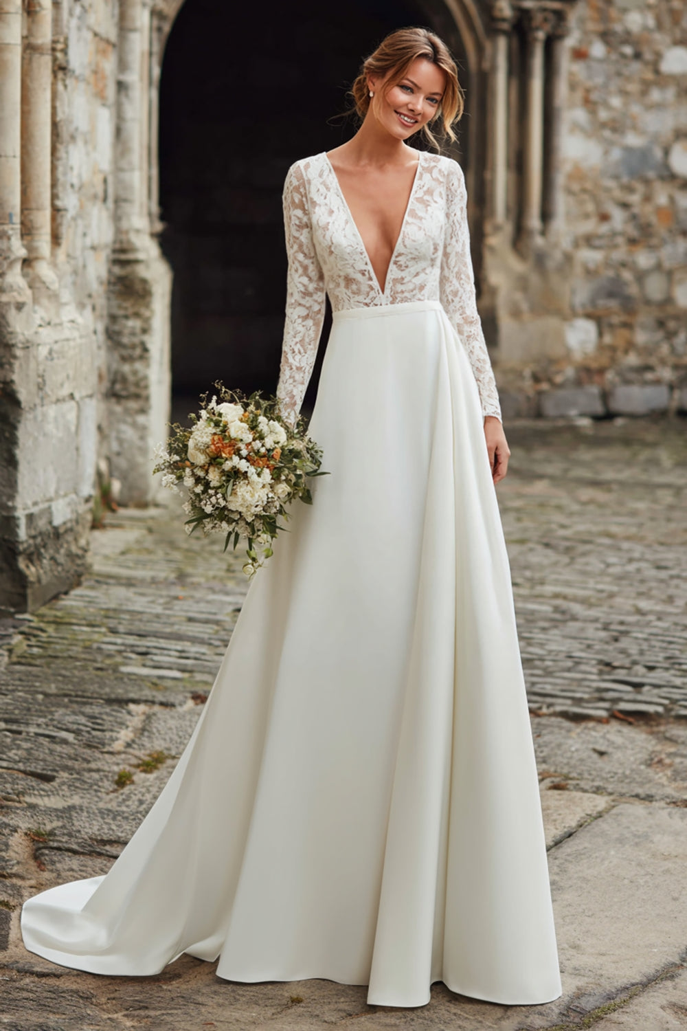 Ivory Satin V-Neck Long Sleeves A-Line Sweep Train Wedding Dress with Lace