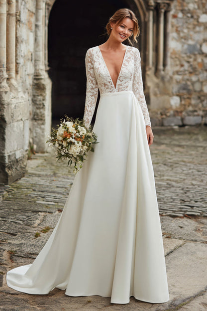Ivory Satin V-Neck Long Sleeves A-Line Sweep Train Wedding Dress with Lace