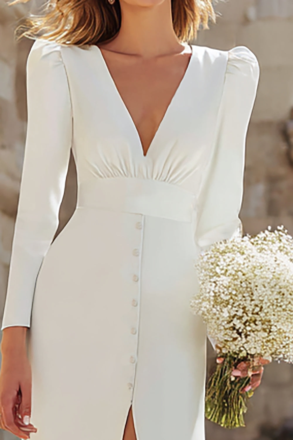 Ivory V-Neck Long Sleeves Sheath Floor Length Wedding Dress with Slit