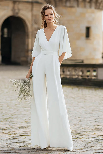Ivory V-Neck Half Sleeves Long Wedding Jumpsuits with Pockets
