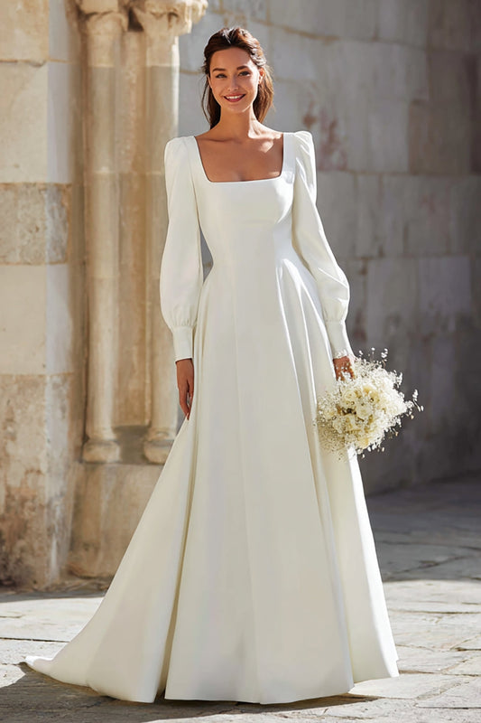 Ivory Square Neck A-Line Sweep Train Wedding Dress with Sleeves