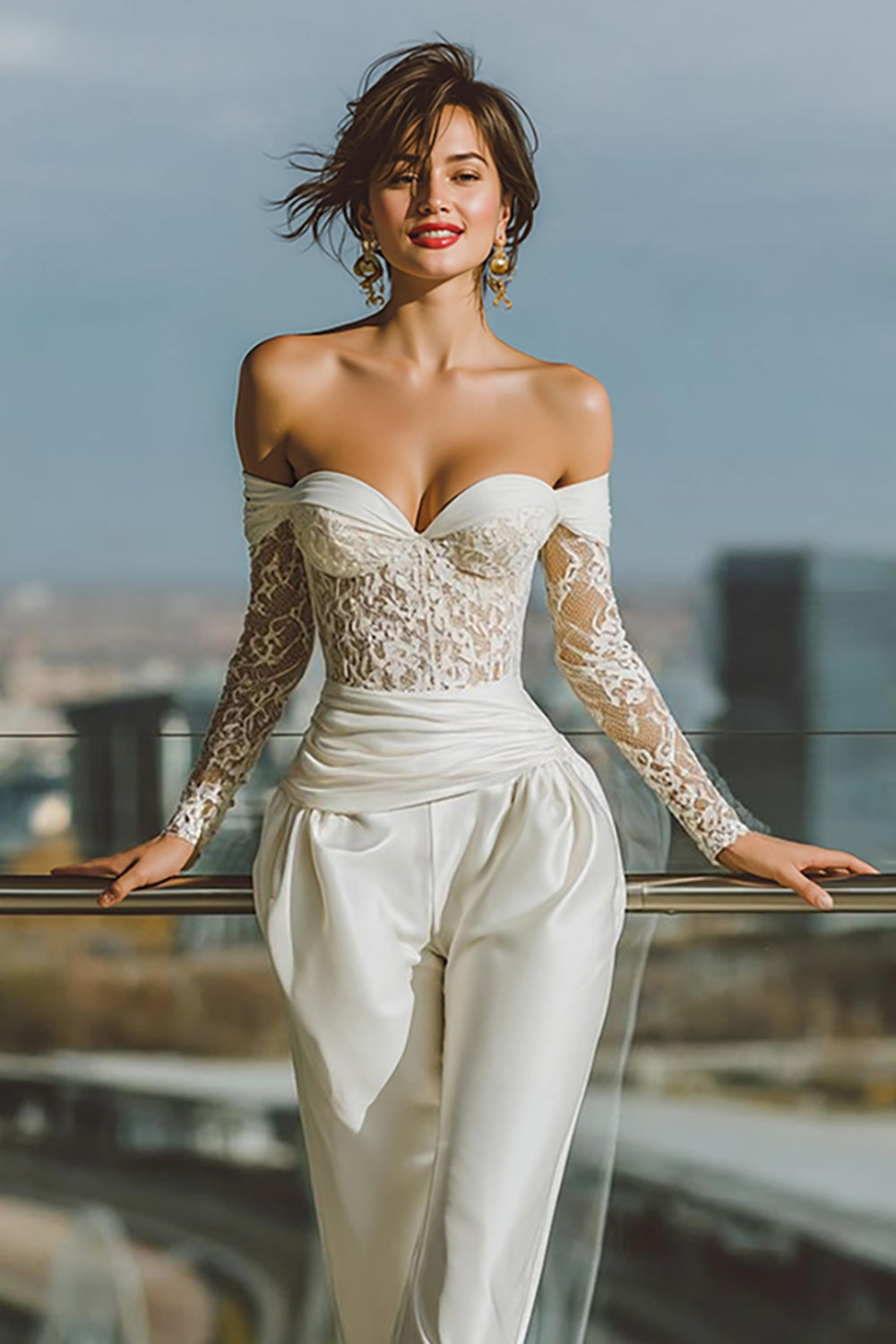 White Off the Shoulder Bridal Jumpsuits with Lace