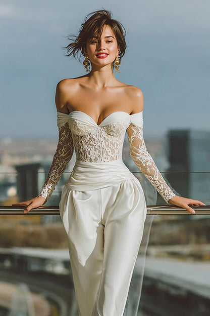 White Off the Shoulder Bridal Jumpsuits with Lace
