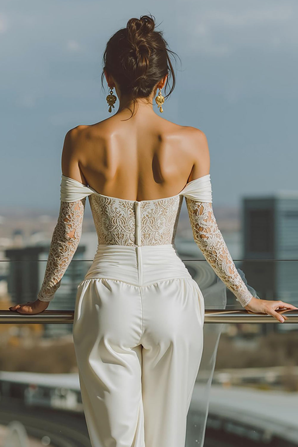 White Off the Shoulder Bridal Jumpsuits with Lace