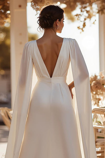 White Deep V-Neck Sweep Train Bridal Jumpsuits with Cape