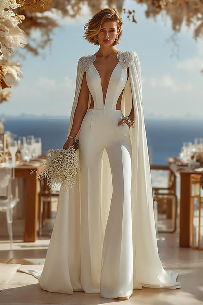 Ivory Deep V-Neck Cut Out Bridal Jumpsuits with Cape