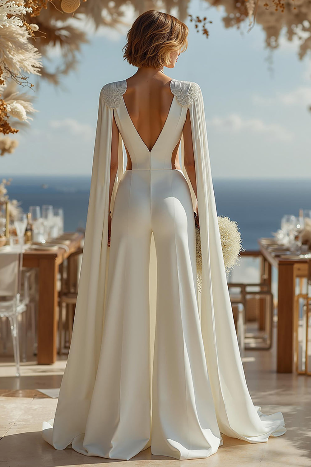 Ivory Deep V-Neck Cut Out Bridal Jumpsuits with Cape