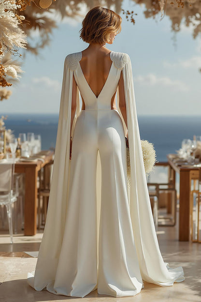 Ivory Deep V-Neck Cut Out Bridal Jumpsuits with Cape