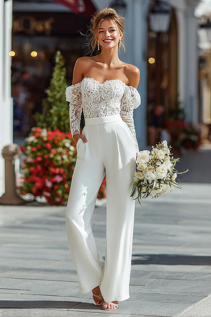 White Off the Shoulder Long Sleeves Bridal Jumpsuits with Lace