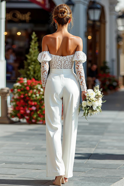 White Off the Shoulder Long Sleeves Bridal Jumpsuits with Lace