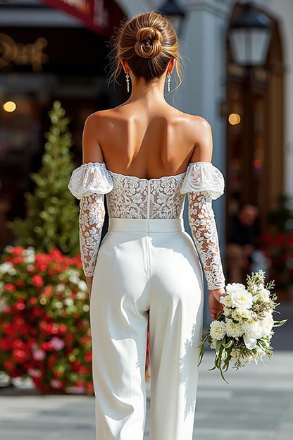White Off the Shoulder Long Sleeves Bridal Jumpsuits with Lace