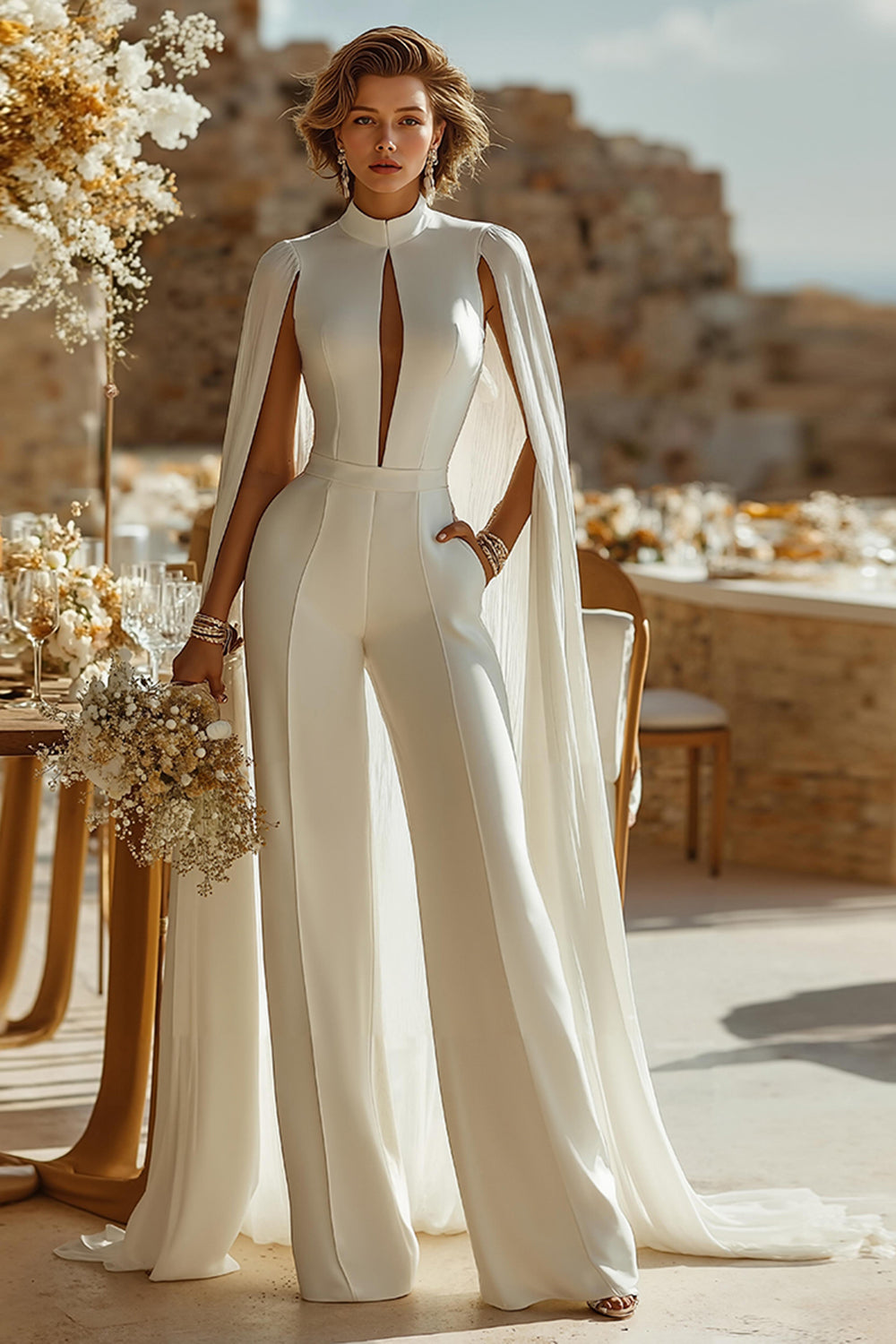 Ivory High Neck Keyhole Bridal Jumpsuits with Pockets