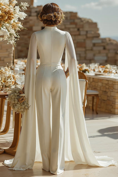 Ivory High Neck Keyhole Bridal Jumpsuits with Pockets