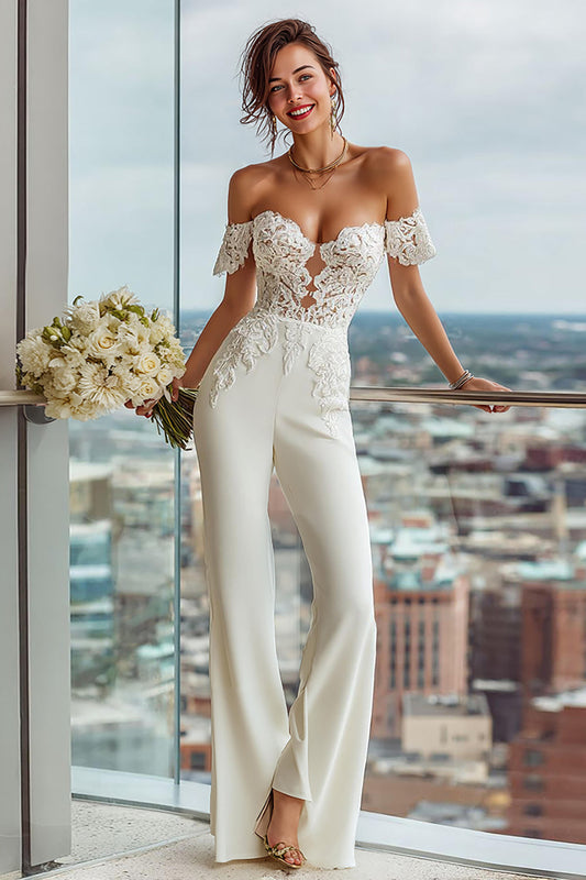 Simple White Sweetheart Bridal Jumpsuits with Lace