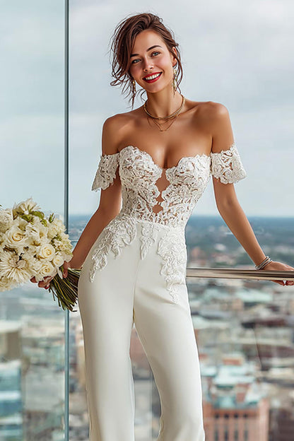Simple White Sweetheart Bridal Jumpsuits with Lace