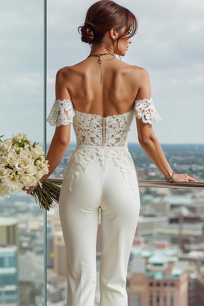 Simple White Sweetheart Bridal Jumpsuits with Lace