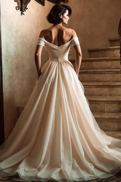 White A Line Off the Shoulder Sweep Train Wedding Dress with Slit