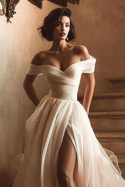 White A Line Off the Shoulder Sweep Train Wedding Dress with Slit