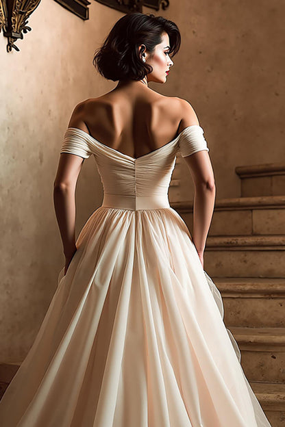 White A Line Off the Shoulder Sweep Train Wedding Dress with Slit