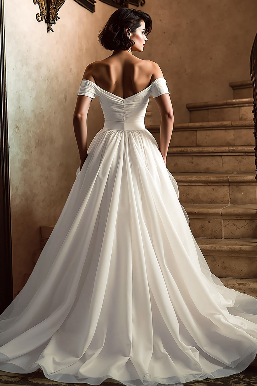 White A Line Off the Shoulder Sweep Train Wedding Dress with Slit